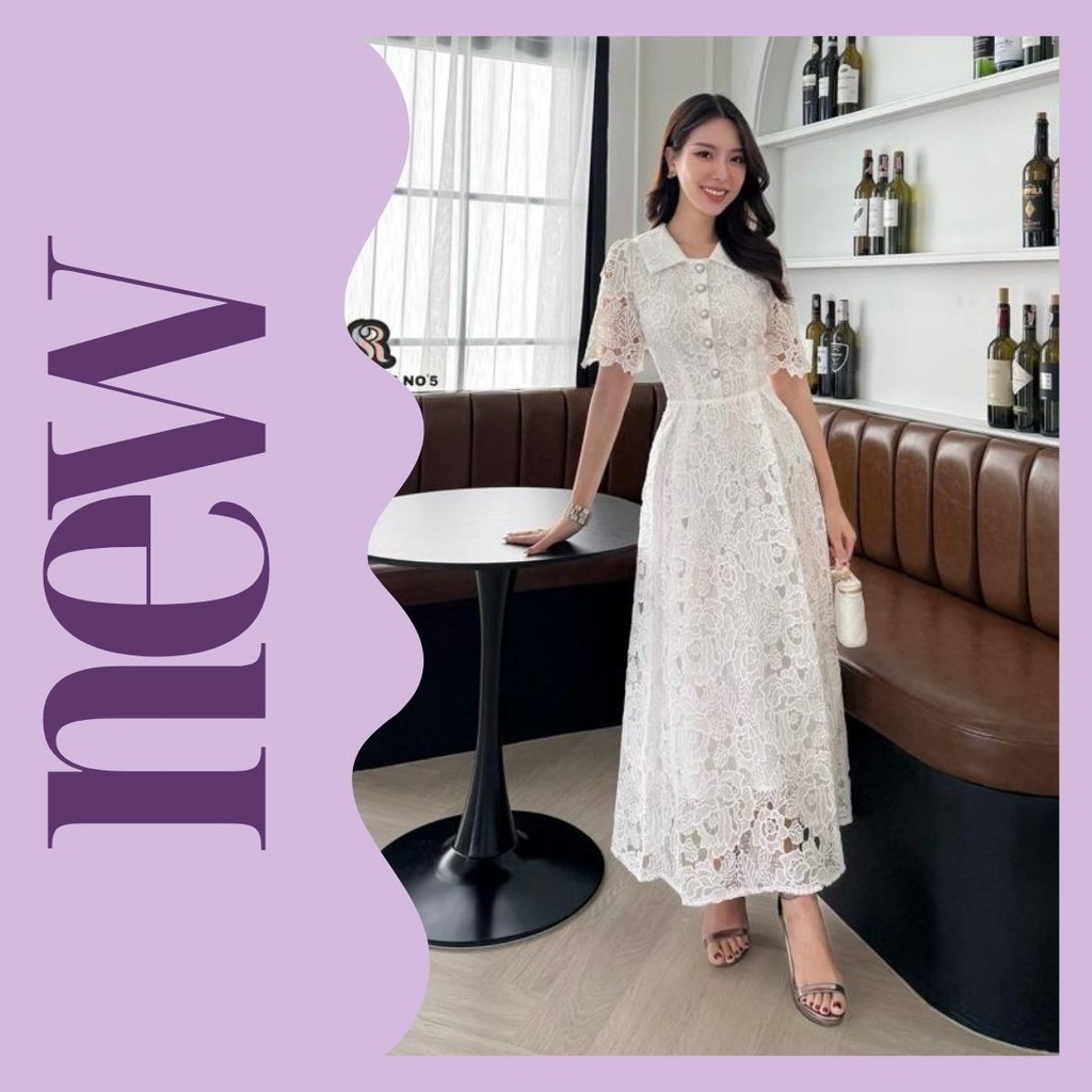 ♞,♘,♙ SM Maxi Dress เดรสลูกไม้สีขาว คอปก งานป้าย Showroom ชุดไปงานบวช เดรสเรียบร้อย เดรสสีขาว WFD