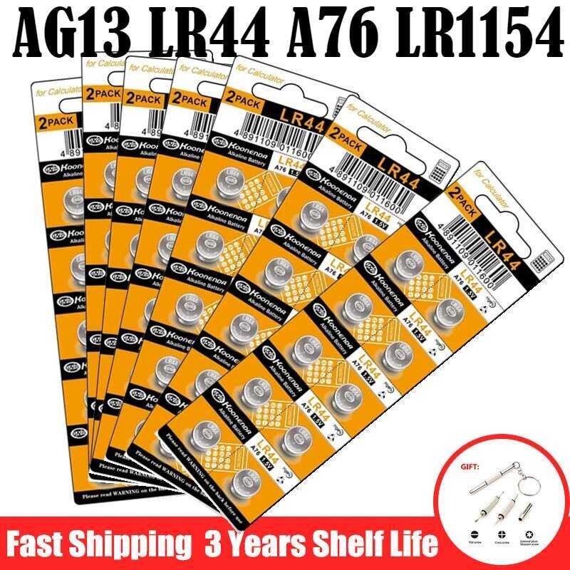 แบตเตอรี่ปุ่ม AG13 6-100 ชิ้น LR44 LR 44 L1154 RW82 SR1154 SP76 pila SR44 A76 LR1154 GP7 เซลล์เหรียญ