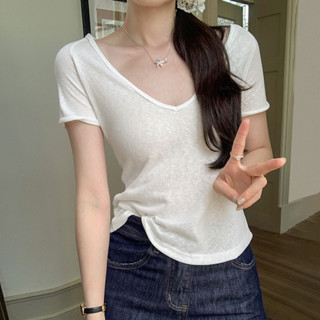 76395 ลําลองสีทึบคอวี ผอมลง ดูเสื้อยืดแขนสั้น