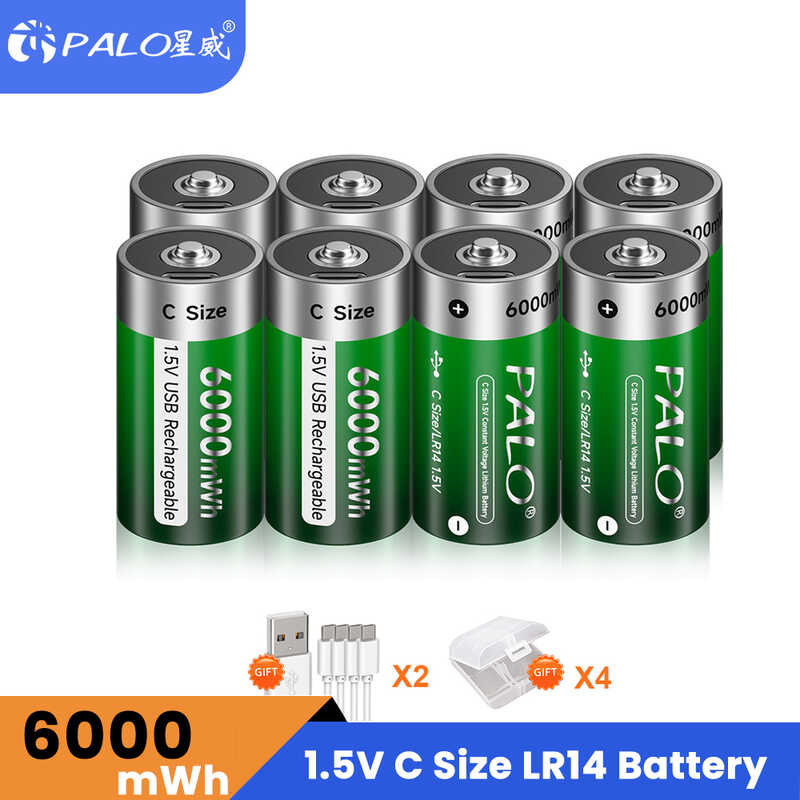 PALO 2 2-16pcs 1.5V Size USB Rechargeable Lithium LR14 Battery R14 Type C Batteries for RC Camera