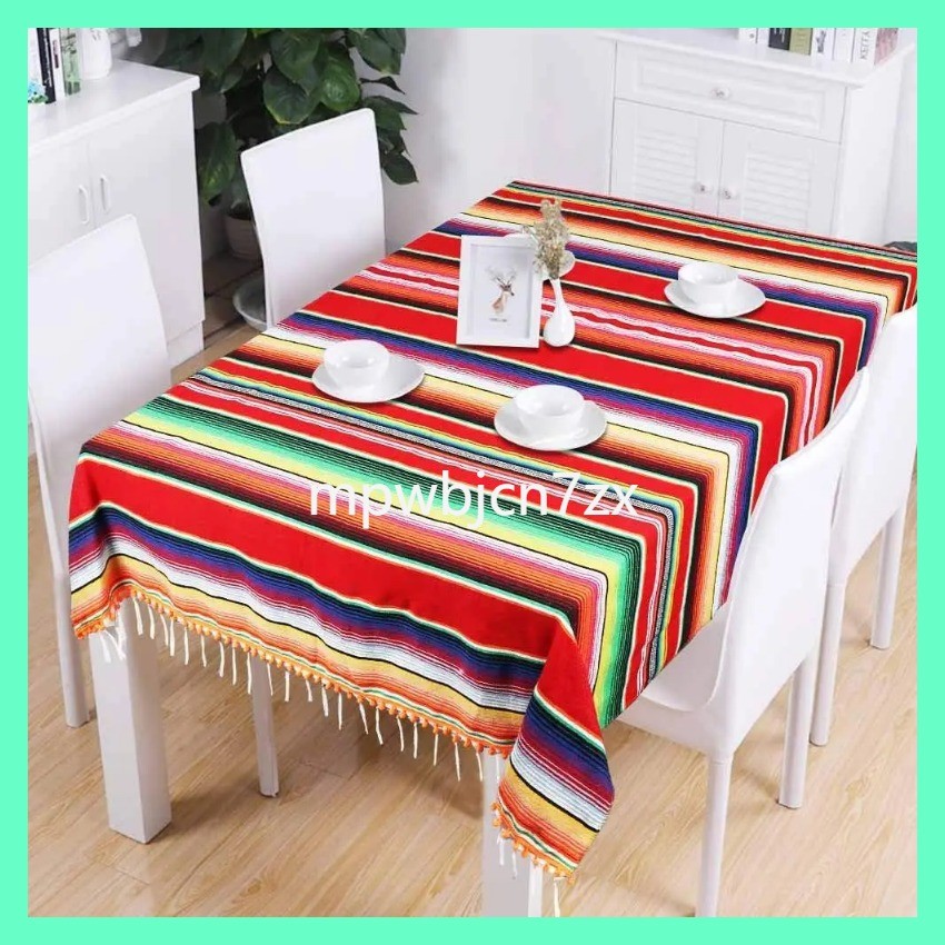 insรุ่นขายดี  150x215CM Mexican Blanket Striped Tablecloth Large Square Fringe Cotton Mexican Sera