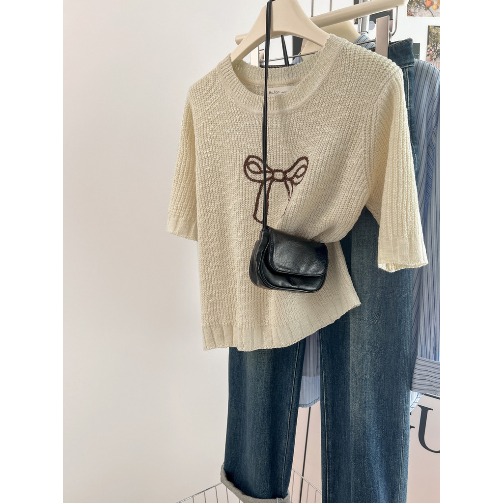 78952 เสื้อสเวตเตอร์แขนสั้นแอปริคอทโบว์