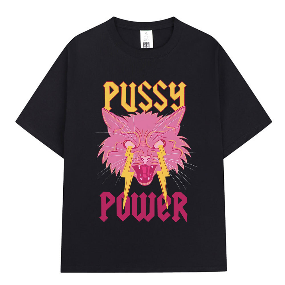 Pussy Power Funny Cat Meme T เสื้อแฟชั่น Vintage Haruku เสื้อยืดแขนสั้นผู้ชายผู้หญิงลําลองผ้าฝ้ายขนา