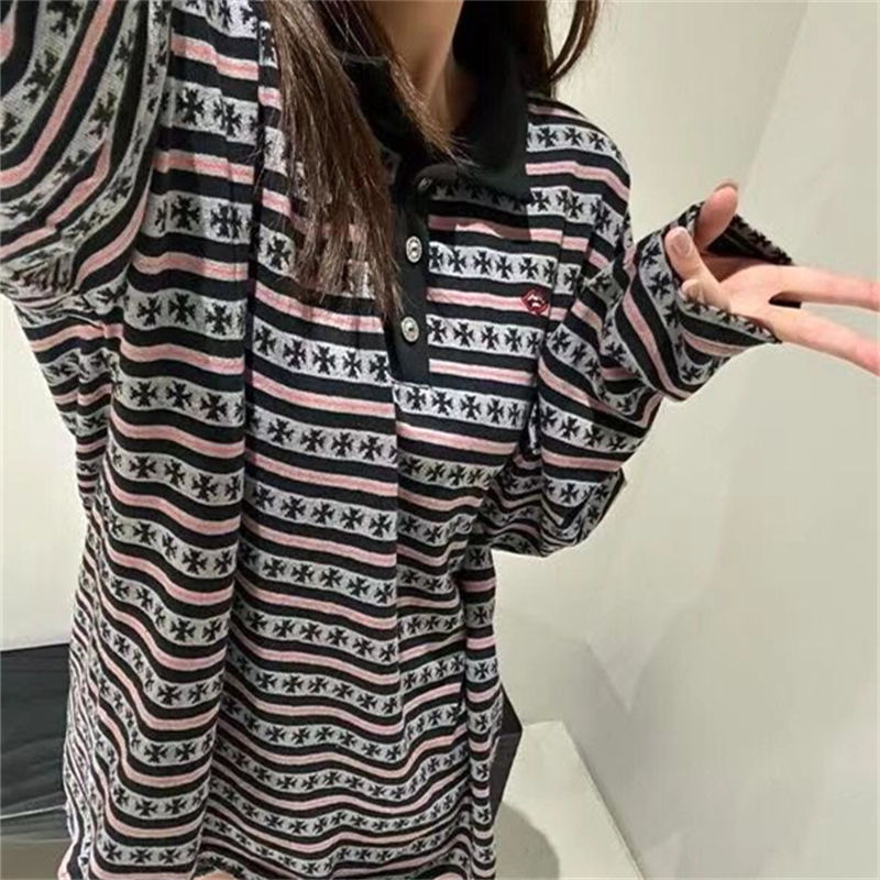 Chrome Hearts สันสกฤตเย็บปักถักร้อย Jacquard ลายเสื้อยืดแขนยาวผู้หญิงฤดูใบไม้ร่วงอินเทรนด์แบรนด์ Niche Design หลวม M