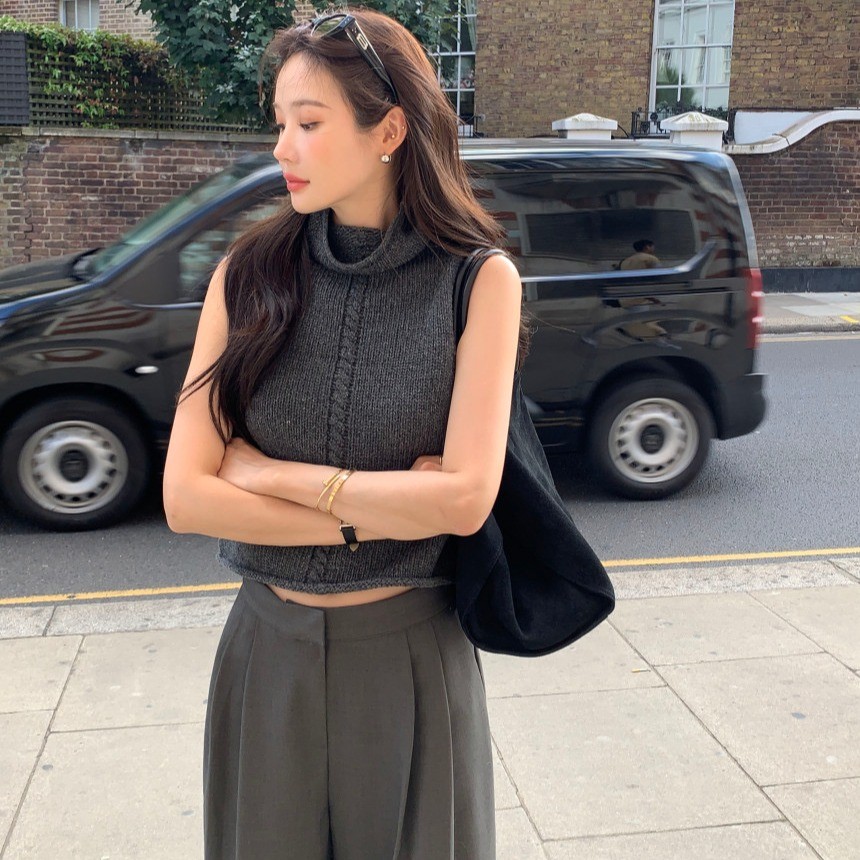 80260 Retro Slimmer ดู Simple Pullover เสื้อคอเต่าเสื้อแขนกุด
