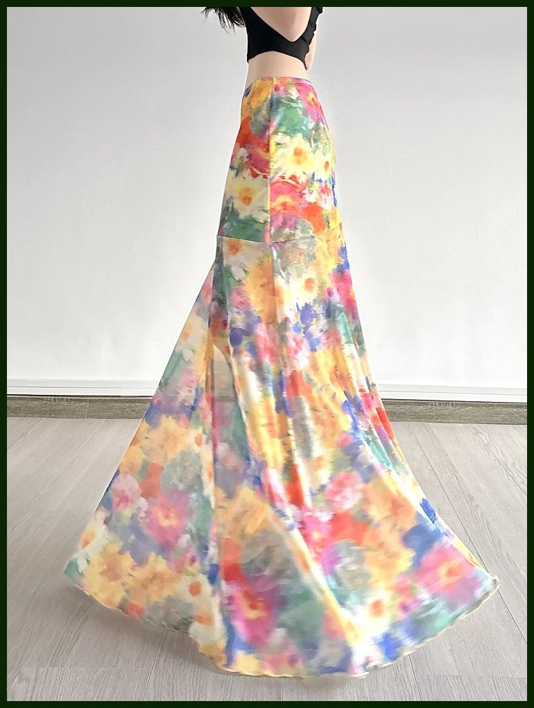 M-XLกระโปรงยาวลายดอกไม้ สไตล์เกาะ 2025ผ้าตาข่ายบางเบา ลายน้ำมันระบายสี แนวโรแมนติก ใส่เที่ยวทะเล