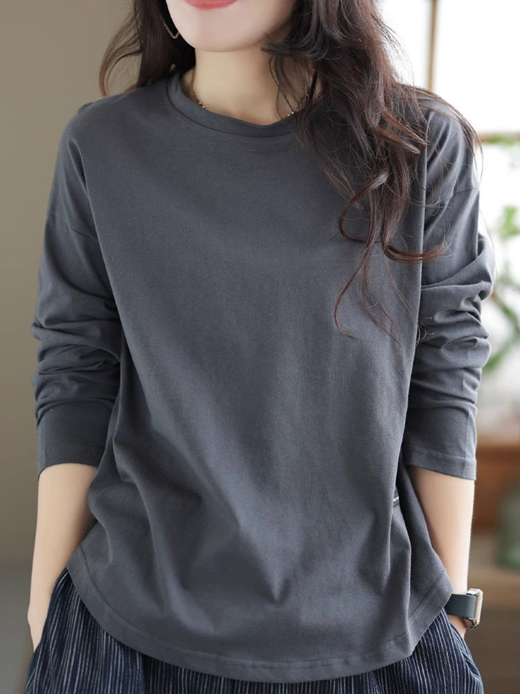พร้อมสต็อกวัยกลางคนและผู้สูงอายุเสื้อยืดแขนยาวสีทึบของผู้หญิงฤดูใบไม้ร่วงและฤดูหนาวลําลองแฟชั่นท็อปส์ซูหลวม