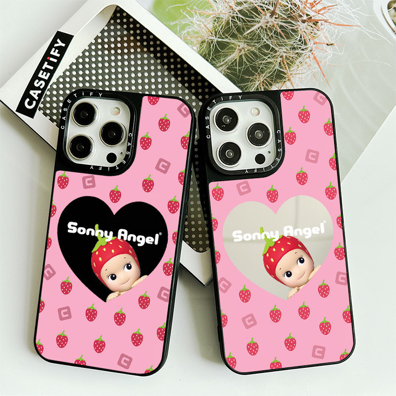 Sonny Angel Screenful สตรอเบอร์รี่กระจกสําหรับ IPhone 11 12 13 Mini 14 15 Pro Max กรณี X XR XS Max SE2 6 6s 7 8 Plus 7+ ฝาครอบ Soft Border กลับ PC กันชน Hard พร้อมบรรจุภัณฑ์