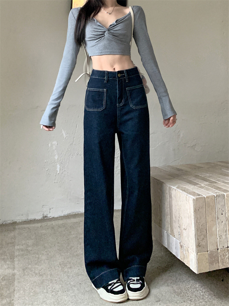 78767 Dark Blue Pocket Design All-Match Slimmer Look Straight Pants Women