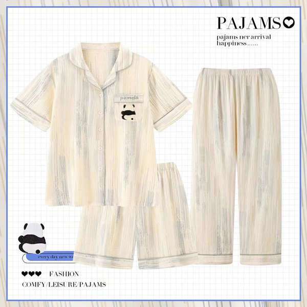ชุดนอน ชุดนอน happy sunday ชุดนอนคู่แพนด้าญี่ปุ่นผู้หญิงฤดูร้อนผ้าฝ้ายแขนสั้นสามชิ้นชุด 2024 ใหม่ฤด