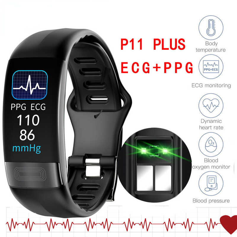 ❤ Health Fiess Trackers P11 Plus Bracelet Body Temperature Wristband ECG PPG Smart Watch HR Blo