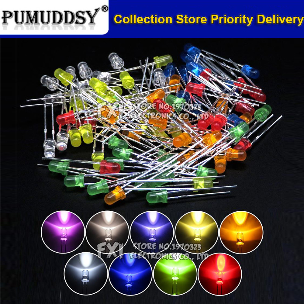 100PCS F3 LED ไดโอด 3 มม. ชุดสารพัน ขาว เขียว แดง น้ําเงิน เหลือง ส้ม ชมพู ม่วง วอร์มไวท์ DIY Emitting ไดโอด bxv