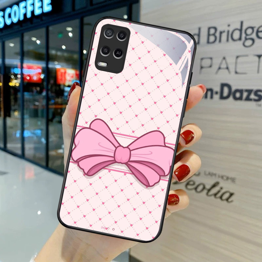 NA-66 สีชมพูโบว์รูปแบบ HD Softcase Glossy Glass สําหรับ OPPO A54 A55 Reno Narzo 7 8 8i 9 50 Pro