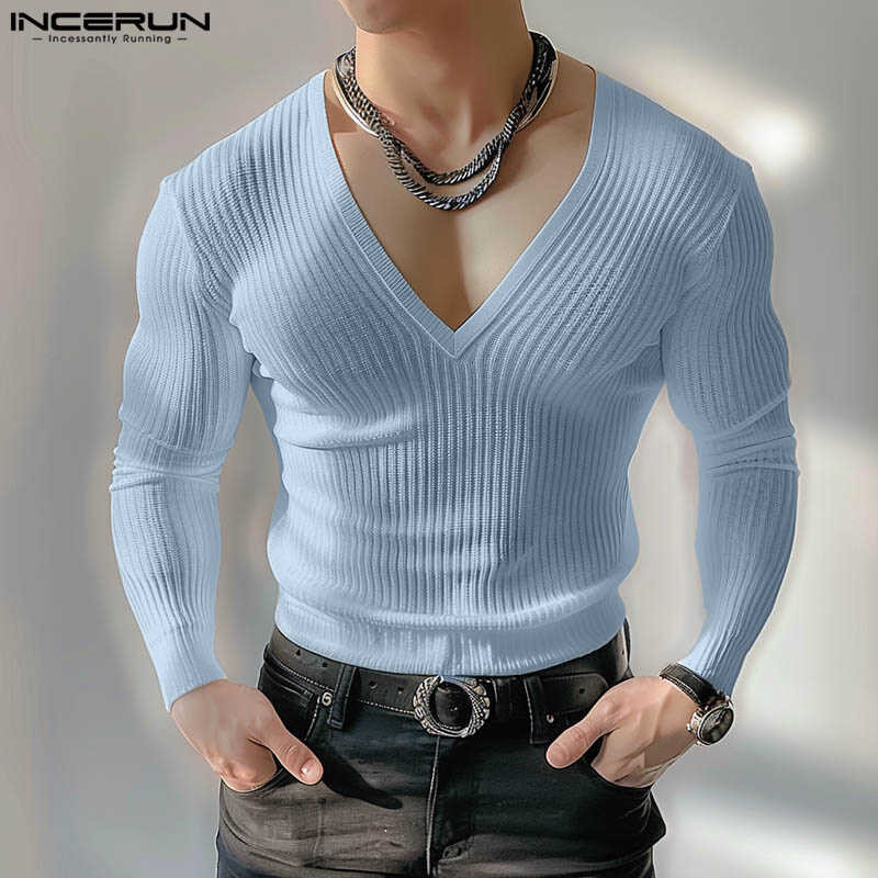 INCERUN 24B TOP 2024 สไตล์เกาหลีใหม่ผู้ชายสีทึบคอ V ถักเสื้
