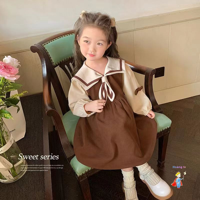 [ขายร้อน] กระโปรงเด็กสไตล์ใหม่สาวกองทัพเรือปกสีบล็อกเวอร์ชั่นเกาหลีแฟชั่นชุดเจ้าหญิงแขนยาว