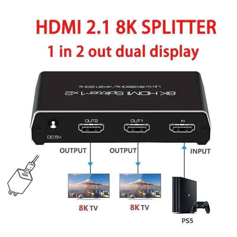 8K HDMI Splitter 1x2 4K @ 120Hz HDMI2.1 Audio Video Converter 1 ใน 2 Out HDCP 2.3 HDR 7680x4320P @ 6