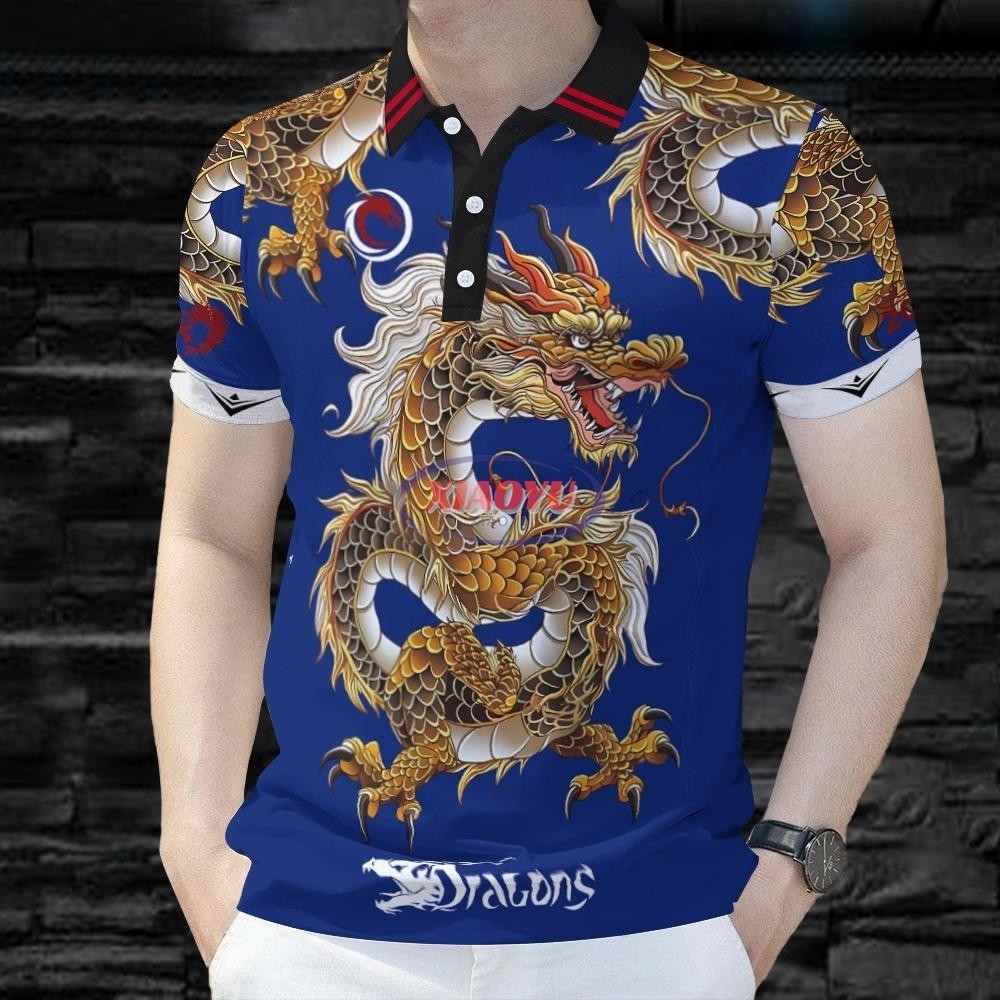 มังกรพิมพ์ลายดอกไม้หักเสื้อโปโลผู้ชายสบาย ๆ เฮนรี่เจอร์ซีย์แฟชั่นร้อยแขนสั้นธุรกิจบางด้านบนสำหรับผู้ชายฤดูร้อน - รูปที่ 3