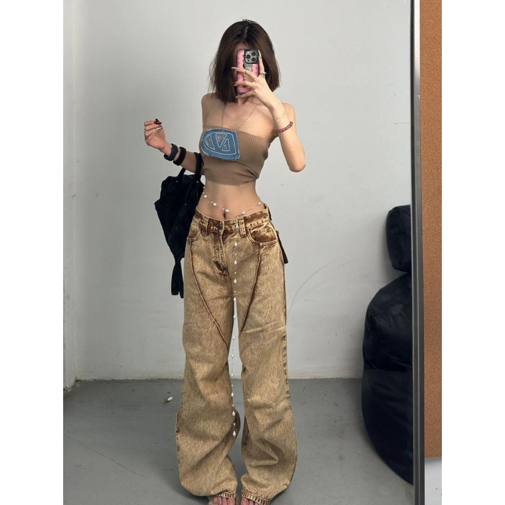 Shanmieleng American Retro Hot Girl Overall กางเกงยีนส์ผู้หญิง 2024 ฤดูร้อนสไตล์ใหม่ High Street ตรงกว้างขา Wasteland สไตล์กางเกง