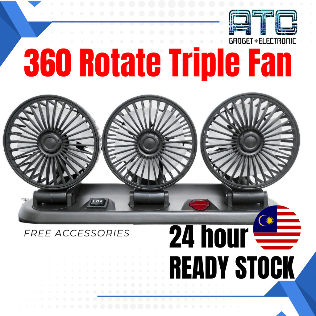ATC Car Fan 3 Heads 360 Cool Fan Auto 2 Speed Portable Car Fan