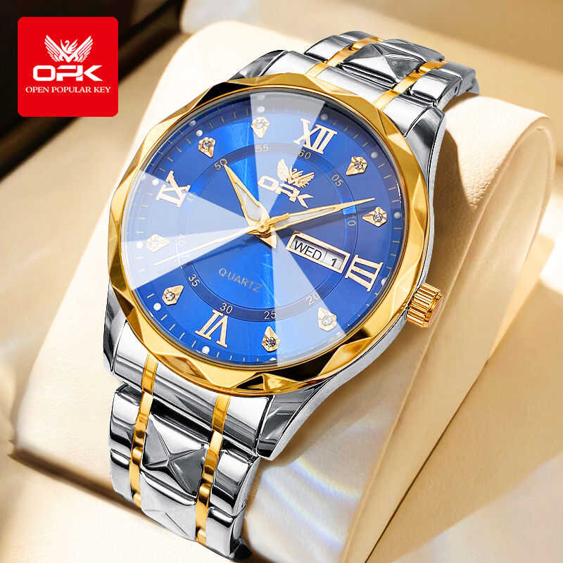 ❤ OPK นาฬิกากันน้ำผู้ชายสำหรับผู้ชายนาฬิกาควอตซ์เรืองแสงนาฬิกาผู้ชายสายสแตนเลสหรูหรานาฬิกาข้อมื