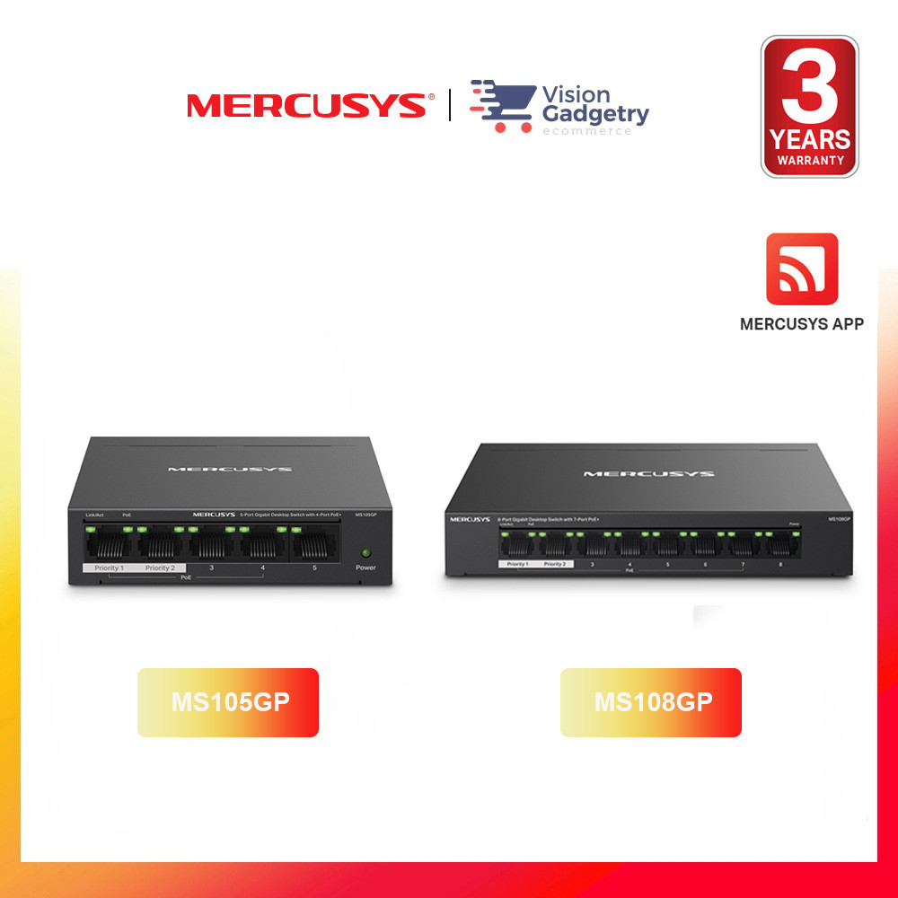 Mercusys MS105GP MS108GP 5/8 พอร์ต Gigabit Desktop Switch พร้อม PoE+ 4-Port PoE+