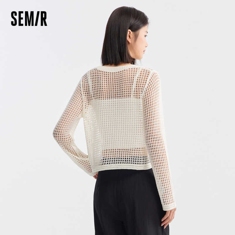 ❤ Semir เสื้อถักแบบสั้นของผู้หญิงที่คลุมตาข่ายคอกลม