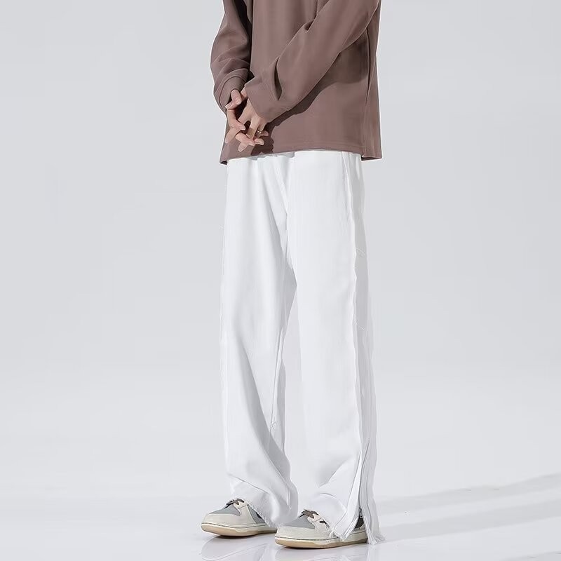 HANLU กางเกงผู้ชายลําลองที่เรียบง่ายเยาวชนสีทึบกางเกงขากว้างตรง