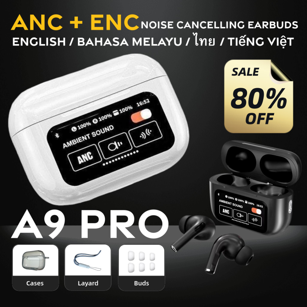 A9 pro หน ้ าจอสัมผัส ANC ชุดหูฟังไร ้ สาย TWS หูฟังตัดเสียงรบกวนหูฟังบลูทูธ 5.3 รองรับ APP อายุการ