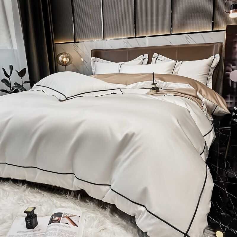 LY White Egyptian Cotton Bedding Sets Queen King Size Embroidery Duvet Cover Flat/Fitted Sheet Bed