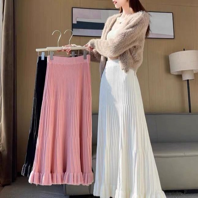 กระโปรงถักลายจีบสำหรับผู้หญิง สไตล์เอวสูง ทรงเพรียว ความยาวระดับเข่า ทำจากผ้าคุณภาพดี - รูปที่ 2