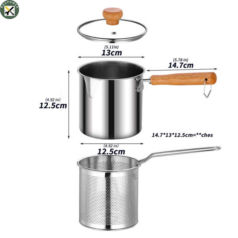 Stainless Boupower Steel Frying Pan, With Glass Lid, Strainer Basket, Handle, Wear Resistant Mini
