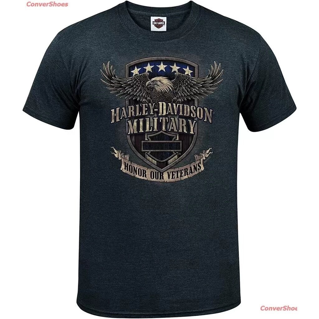 เสื้อยืดแขนสั้นทหารชาย ฮาร์เลย์-เดวิดสัน พิมพ์ลายกราฟฟิคนกอินทรี 2024 แขนสั้นสีทึบสบาย ๆ ทนทานไม่กัดสบายและระบายอากาศ