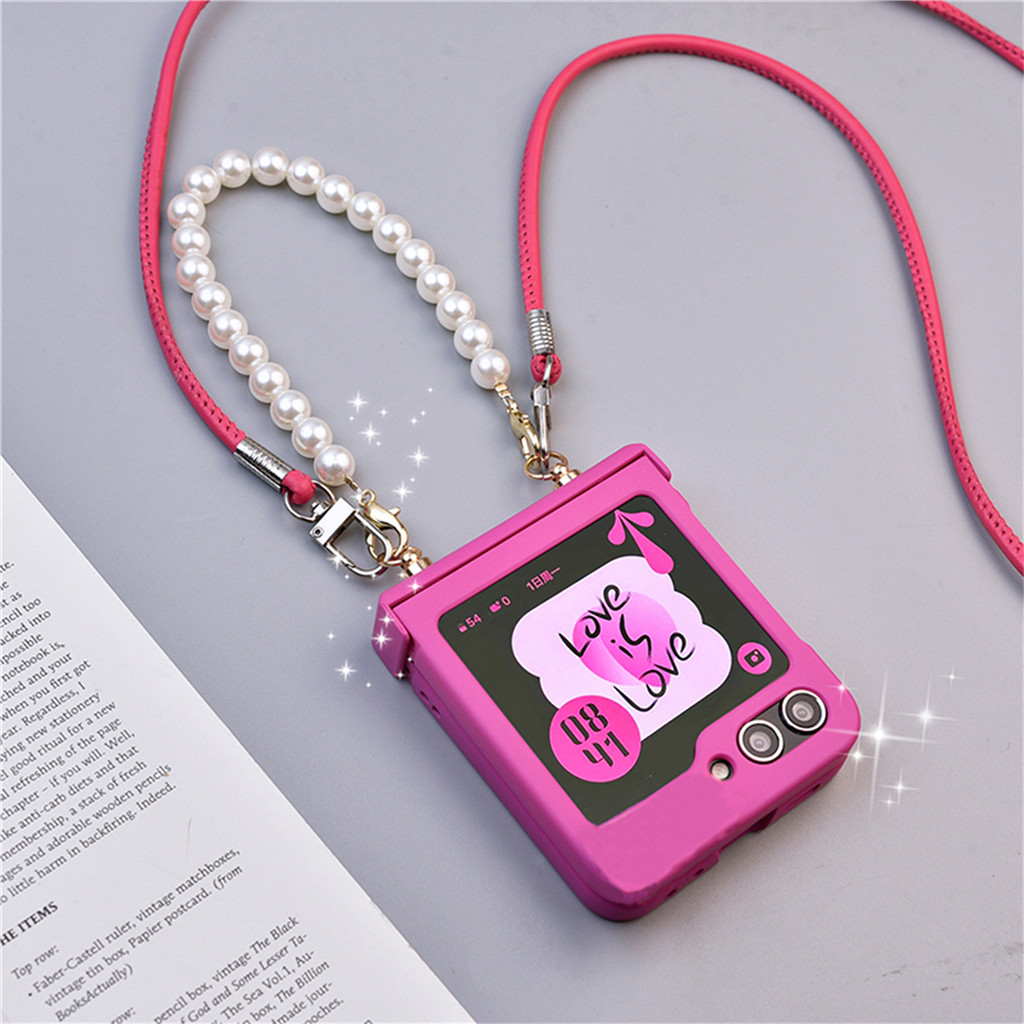 หรูหรา Rose สีแดงหนังสร้อยข้อมือมุกเคสโทรศัพท์สําหรับ Galaxy Z Flip 5 6 Z Flip6 Zflip4 Zflip5 กันกระแทกปกหลัง