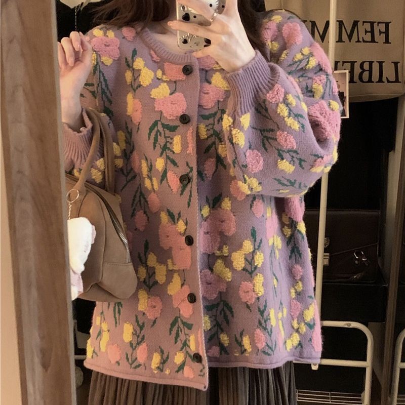 เสื้อโค้ท ฤดูใบไม้ร่วงฤดูหนาวรูปแบบใหม่แขนยาวสามมิติดอกไม้ปักถักคาร์ดิแกนออกแบบ
