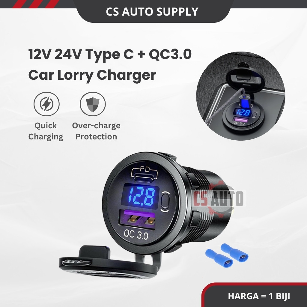 USB Charger QC3.0 18W PD 30W On Off Switch Handphone โวลต์มิเตอร์ Fon Cas 12v - 24v รถ Lorry มอเตอร์
