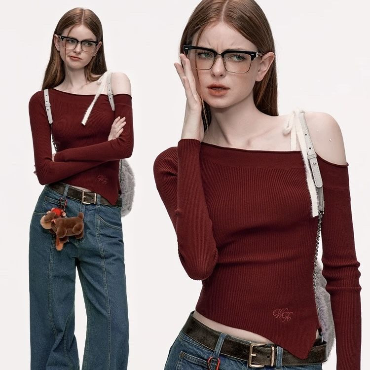 Shanmieleng Design Sense เฉียงไหล่กระดูกไหปลาร้าเสื้อกันหนาว 2024 ฤดูใบไม้ร่วงสไตล์ใหม่ S Series ไม่สม่ําเสมอสาวร้อนขนาดเล็กด้านบน
