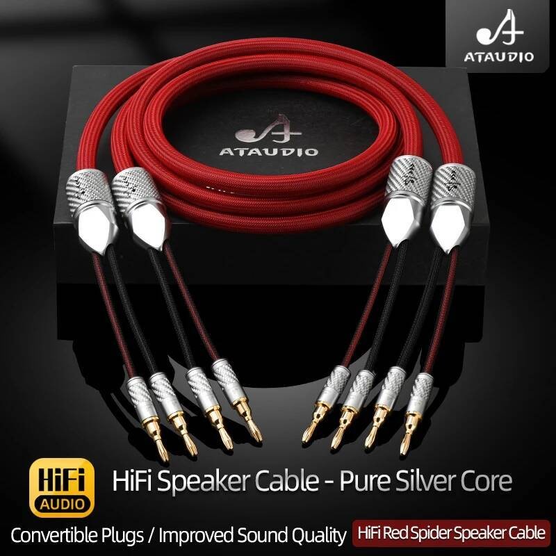 ATAUDIO 6N สายลําโพงไฮไฟเงินแท้พร้อมชุบทองเปิดประทุนกล้วยจอบปลั๊ก Y Professional HiFi Audio สายลําโพ