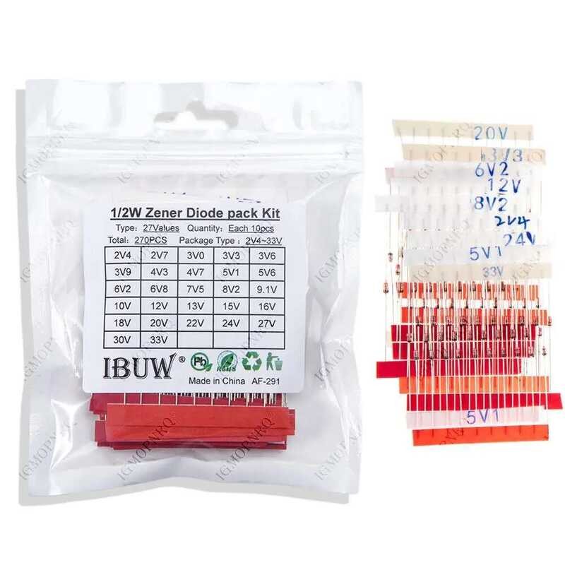270 ชุดอุปกรณ์ ชิ้น/ล็อต 0.5W ชุดรวม 1/2W 2V4-33V ไดโอดซีเนอร์ แพ็ค 12V 18V 5V1 5V6 3V3 3V6 4V3 4V7