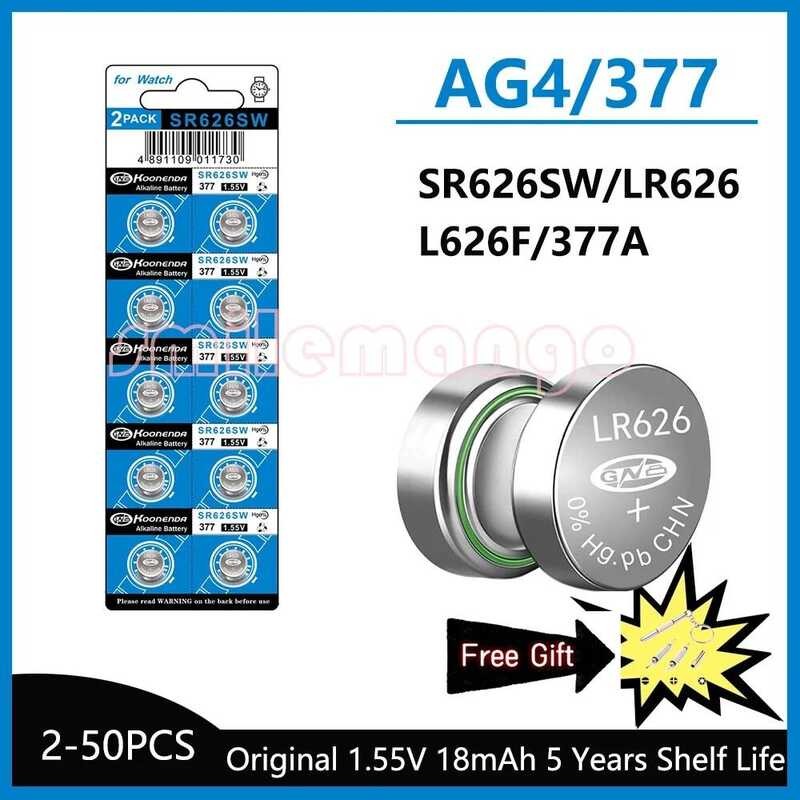 แบตเตอรี่ปุ่ม AG4 1.55V 2PCS-50PCS 377 SR626 SR626SW เซลล์แบตเตอรี่อัลคาไลน์ 177 376 626A LR66