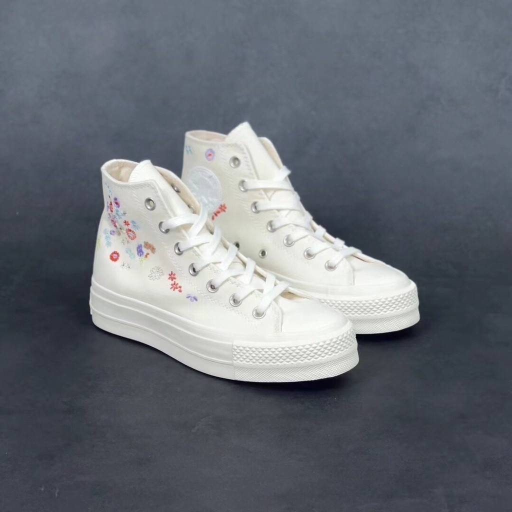 Converse All-Star ของแท ้ Retro ดอกไม ้ ปักรองเท ้ าหนังแท ้ รองเท ้ าผ ้ าใบนักเรียนรองเท ้ ายางรอ