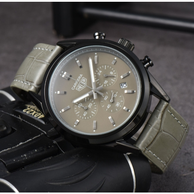 Tag heuer สินค้าใหม่ Men Quartz Movement Multi-Function Dial สายหนังแท้นาฬิกาแฟชั่น