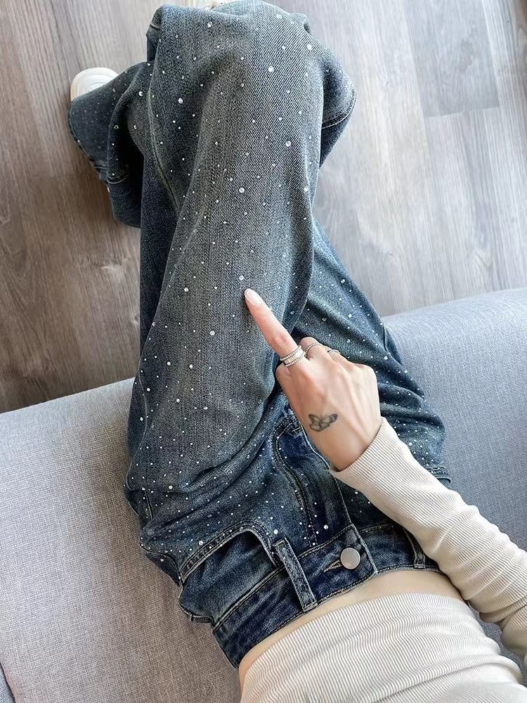 Hot Rhinestone แคบกางเกงยีนส์ขากว้างผู้หญิงสไตล์ใหม่เอวสูงออกแบบหลวม High-Street S