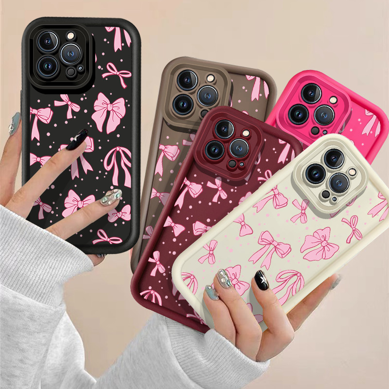 สําหรับ iPhone 15 Pro Max 15 16 Plus / iPhone 16 Pro Max ปลอกหวานน่ารักสีชมพู Bow Tie กันกระแทกซิลิโคนอ่อนนุ่มโทรศัพท์มือถือกรณี