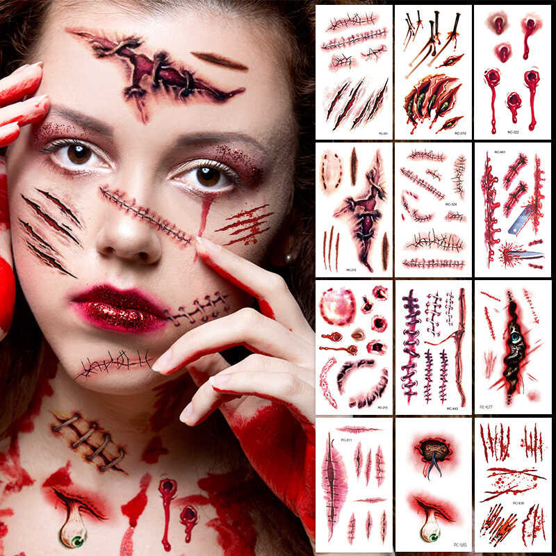 มาใหม่ฮาโลวีน Scar Tattoo Sticker Face Sticker จำลองความน่ากลัวแผล