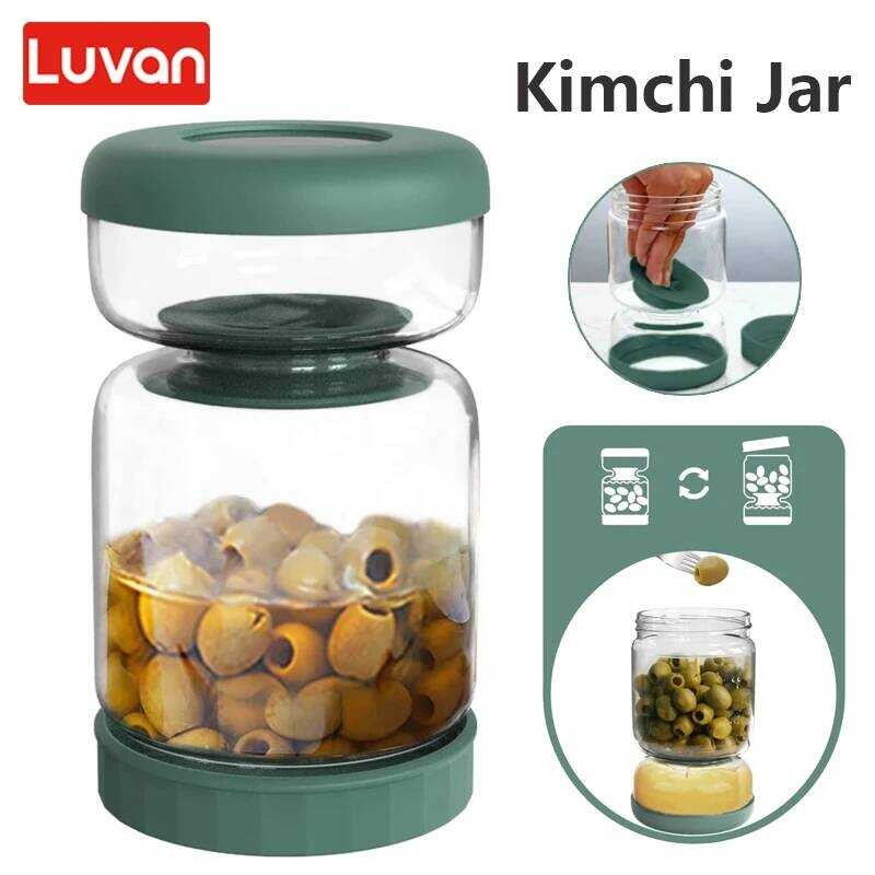 Glass Pickles Jar With Lids Strainer Olives Hourglass Jug Food Storage Kimchi Container Jalapenos F