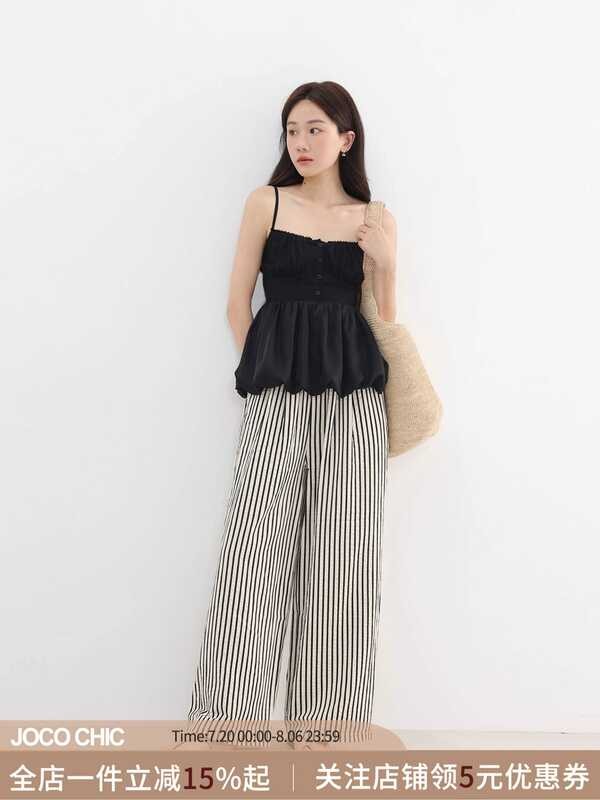 JOCO CHIC กางเกงขากว้างสีดำและขาว สำหรับผู้หญิง แบบ.high waist คล่องตัว สำหรับฤดูร้อน