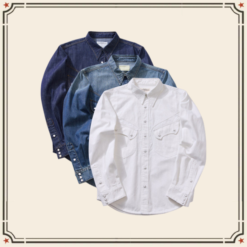 เสื้อเชิ้ต denim ผ้าบัมบู๋สไตล์เวสเทิร์น ปุ่มหินทรายสีครème สำหรับงานวันเวิร์คหรือโอกาสพิเศษ