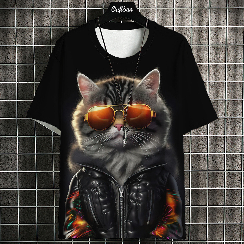 ใหม่เสื้อยืดลําลองฤดูร้อนของผู้ชายแมวและแว่นตา การพิมพ์ 3ง แขนสั้นอะนิเมะสไตล์เสื้อผ้าขนาดใหญ่คอกลมหลวมผ้าสบา