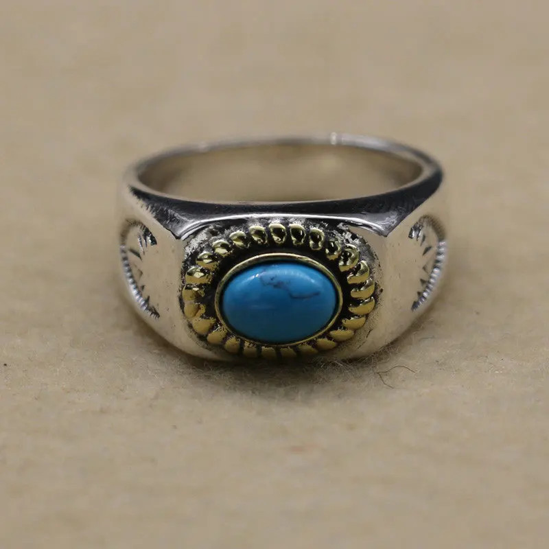 Retro Thai Silver Inlaid Turquoise S925 แหวนเงินแท้ Takahashi Kuroki Goro Handmade