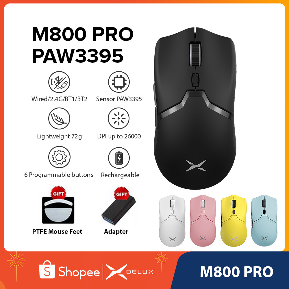 Delux M800 PRO PAW3395 เมาส์เกมมิ่งไร้สาย 26000DPI 50G ACC น้ําหนักเบา 72 กรัม สําหรับ PC Gaming Ga